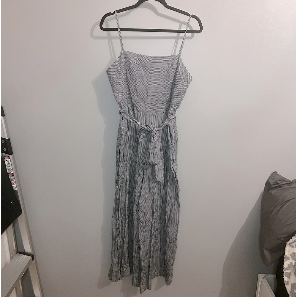 Blue and white striped flare, leg jumpsuit, size large